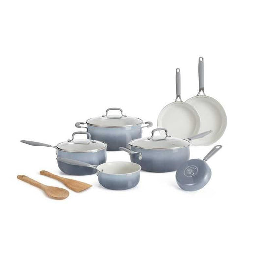 Ombre Teal Blue 12-Piece Porcelain Enamel Ceramic Cookware Set