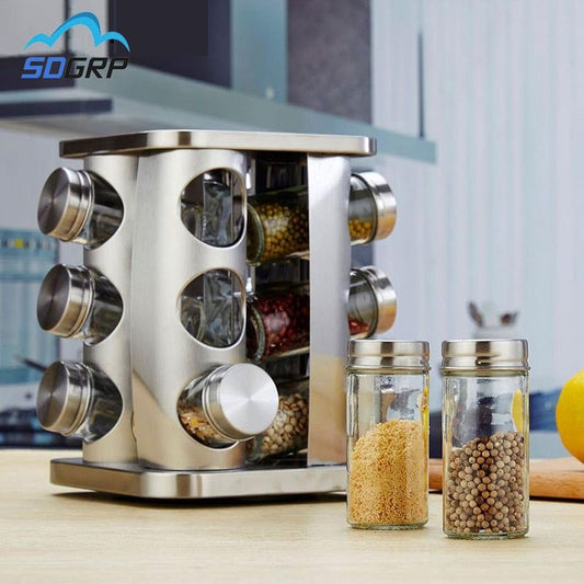 Rotating Base Spice Jar Set: 12-Piece Stainless Steel and Glass Kitchen Organizer