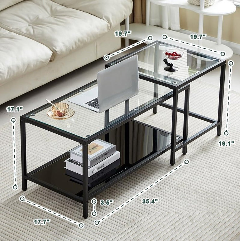 Coffee Table Nesting Set of 2, Center Coffee Table Set with Tempered Glass, Modern Side Tables for Living Room, Bedroom, Office and Nightstand, Black