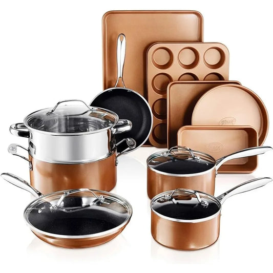 15-Piece Copper Non-Stick Cookware Set with Bakeware and Stay-Cool Handles