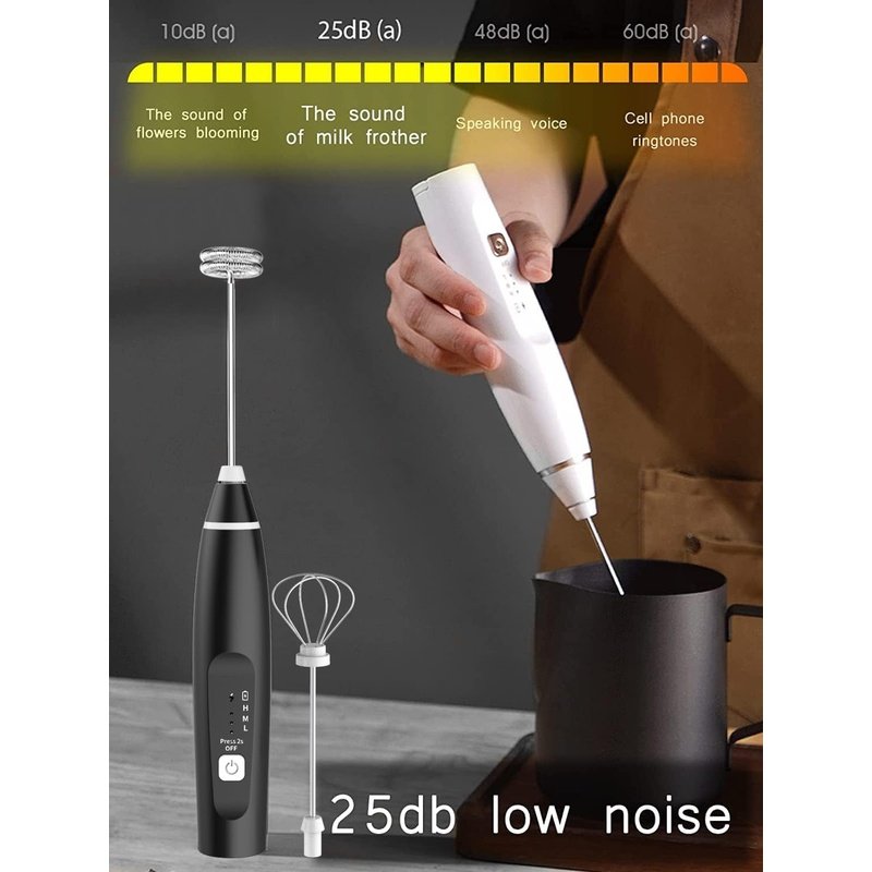 Milk Frother Handheld Foam Maker with 2 Stainless Stirring Head 3 Speed Rechargeable Electric Blender Milk Frother Wand Drink Mixer for Cappuccino Matcha Latte Hot Chocolate Protein Powder Egg (Black)