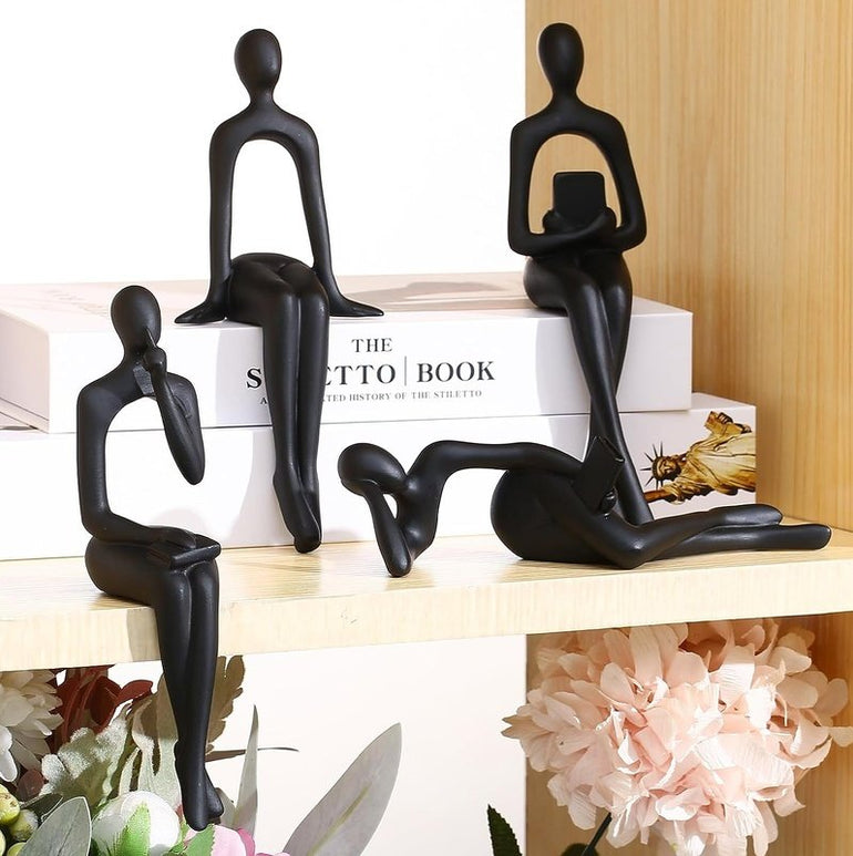Bookshelf Decor Black Thinker Statue Figurines Set of 4-Decorate Your Home, Office, or Shelf with Abstract Art Sculptures- Deal for Birthday, Christmas, Thanksgiving, Mom Gifts
